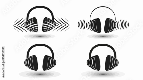 Four graphic black & white headset renders with sound wave or echo effect, all with shadows
