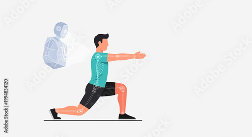 Fitness Partner: A futuristic vision of fitness, a man is seen training with a virtual assistant, highlighting the innovation and progress in health and wellness.