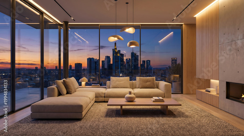 A modern living room with a stunning city skyline view at sunset