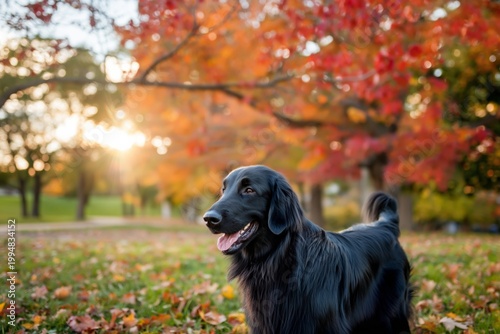 Black Dog Stands in Park With Autumn Trees and Sunset in Background
