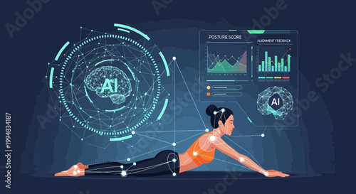 AI-Guided Yoga: A woman gracefully practices yoga, her movements precisely analyzed and guided by an advanced artificial intelligence system, blending technology with the ancient art of wellness.