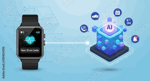 Smartwatch and AI Integration: A futuristic image displaying a smartwatch linked to a glowing AI cube, showcasing health and fitness data, along with various app icons.