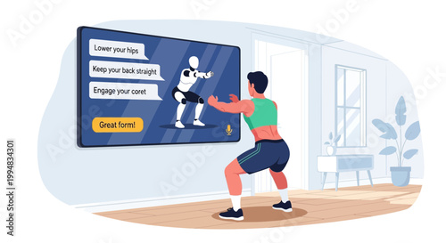 Interactive Workout: A man squats in front of an interactive screen that provides instructions on how to workout, enhancing the at-home exercise experience.