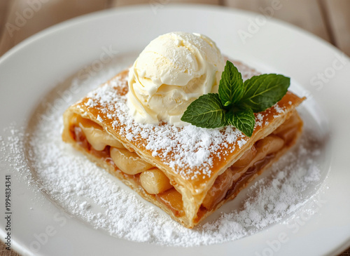 Apple strudel with vanilla ice cream on a white plate.