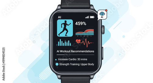 Smartwatch Fitness Data: A cutting-edge smartwatch displays real-time health metrics, workout recommendations, and AI-driven insights, perfectly showcasing a modern approach to personal well-being.