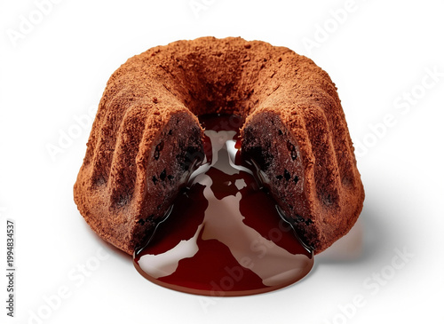 Chocolate ring-shaped cupcake with liquid chocolate cream on a white background. 3D illustration.