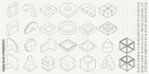 Isometric geometric shapes arranged in a grid showcasing various three dimensional forms