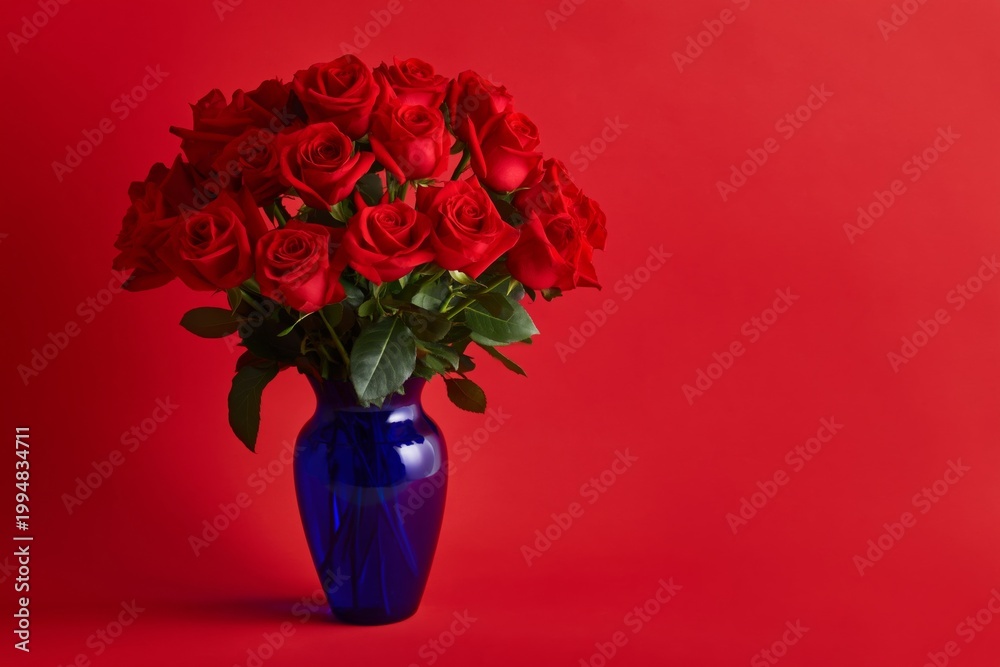 Fototapeta premium Roses in a Blue Vase With Red Background Creating a Striking Visual Display