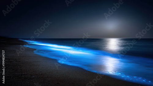 A captivating view of bioluminescent waves gently rolling onto a sandy beach under the moonlit night. The scene glows with vibrant blue light, creating an otherworldly atmosphere.
