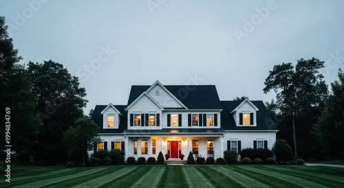 Beautiful twostory colonial house with red door at twilight