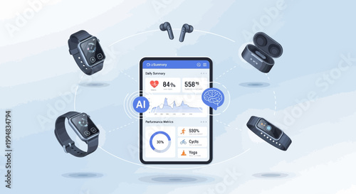 Fitness Tracker Tech Showcase: A sleek array of fitness trackers and wireless earbuds, dynamically displayed around a tablet screen.