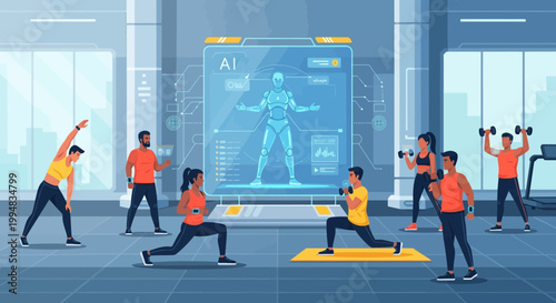 Fitness Center: Digital Human & Exercise Session: A modern fitness center where individuals engage in various exercises, guided by digital technology displaying a human figure and data.