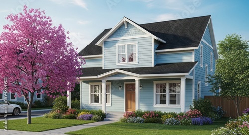Modern light blue twostory suburban house with a front porch
