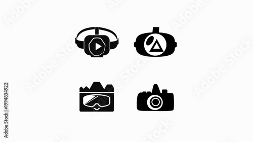 Four icons video recorder, VR headset, ski goggles, camera, all in black silhouette