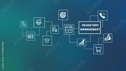  Inventory management system concept with digital icons representing supply chain, logistics, retail tracking and warehouse optimization.