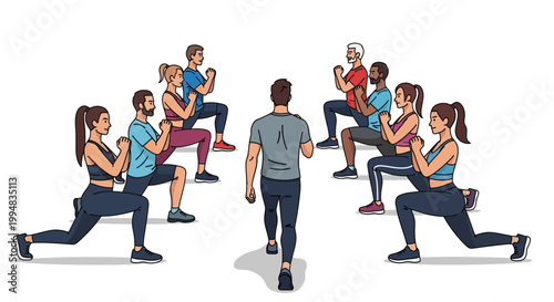 Fitness Collective: A diverse group of individuals, under the guidance of a fitness instructor, engage in a dynamic workout session, building strength and vitality. 