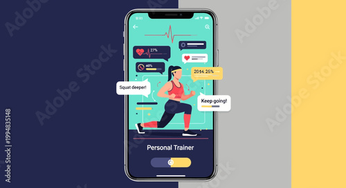 Wellness Tech: An illustration of a person engaged in a digital fitness journey via a mobile app, symbolizing health and tech integration, and showcasing a personal trainer's guidance. 