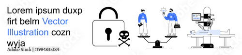 Cybersecurity, ethical decision-making, digital transformation, AI advancements, hacking threats, online security. Lock with skull, balanced scale with people robotic machinery. Cybersecurity