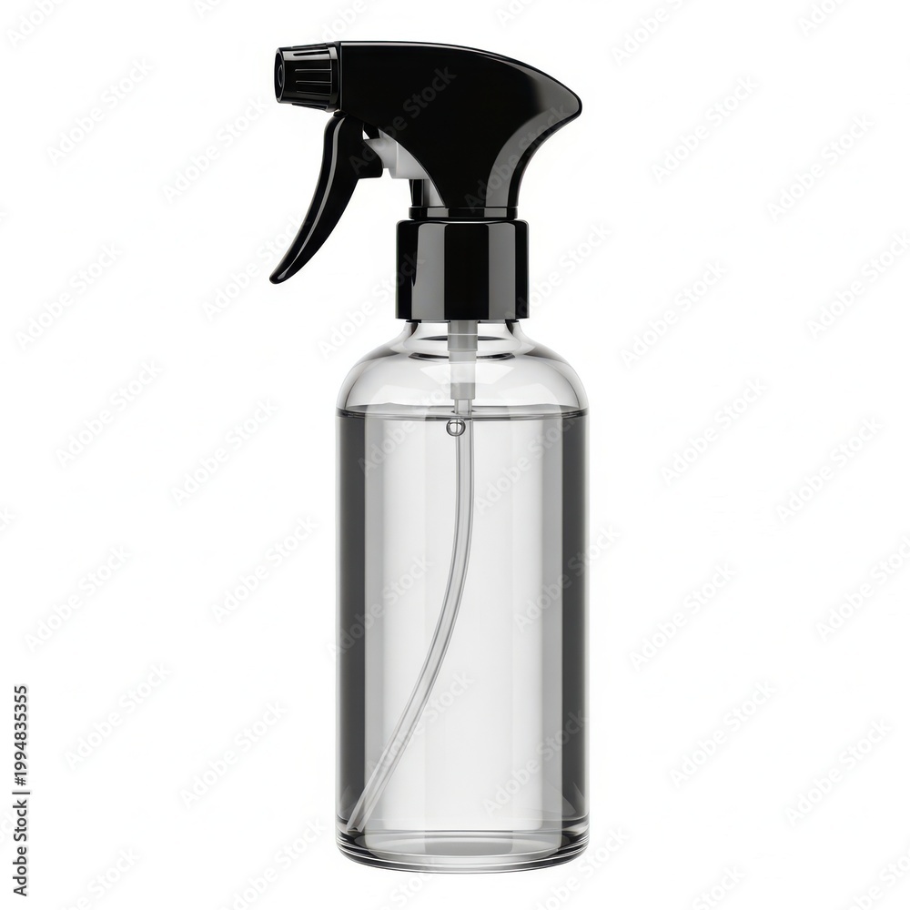Obraz premium A clear plastic spray bottle with a black trigger sprayer on a white background.