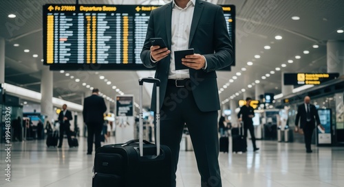 Businessman with luggage and passport at airport departure terminal