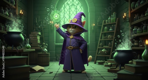 Cute cat wizard casting magic spells in a magical alchemy lab