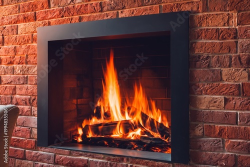 Warm Fire Burns in a Fireplace Within a Brick Wall Living Room During the Eve...