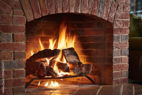 Warm Fire Burns in a Fireplace Within a Brick Wall Living Room During the Eve...