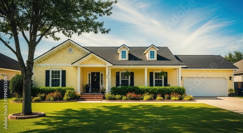 Charming yellow suburban house with landscaped front yard