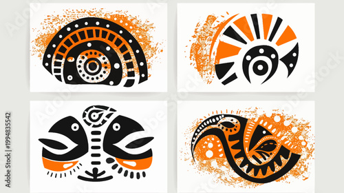 Four panels of abstract, blocky orange and black tribal-inspired designs on white
