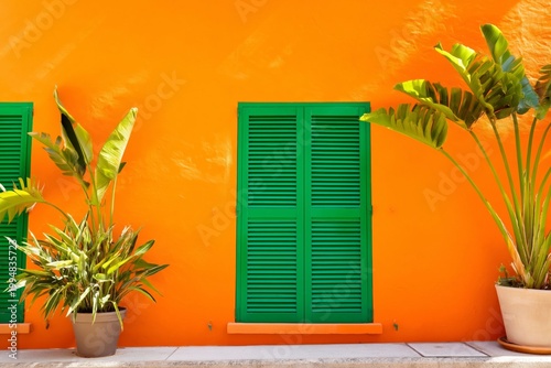 Colorful Wall With Green Shutters and Potted Plants in a Garden Setting