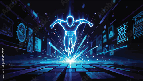 A glowing blue humanoid figure leaping forward in a futuristic digital environment with data screens.