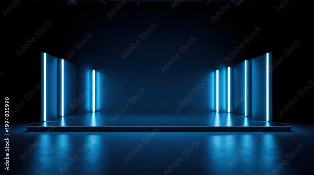 Naklejka premium Dark room features illuminated platform. Vertical blue lights create striking visual effect. Minimalist design emphasizes space, light.