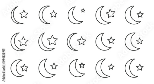 Crescent Moon and Star Icons: Islamic Symbols, Ramadan, Eid, Astronomy, Simple Line Art