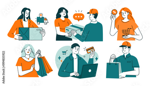 Set of illustrations showing delivery online shopping e commerce services with e commerce delivery shipping customer shopping logistics recipient distribution transportation