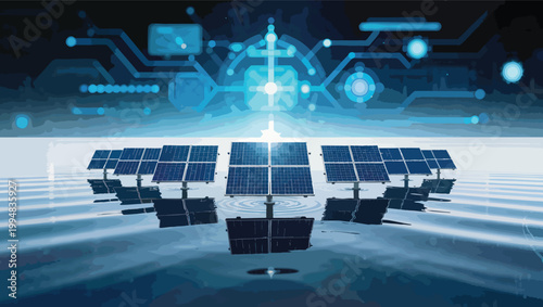 Array of solar panels reflecting on a digital circuit board landscape under bright light renewable energy.