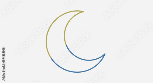 Simple crescent moon icon with blue and gold outline on a plain grey background