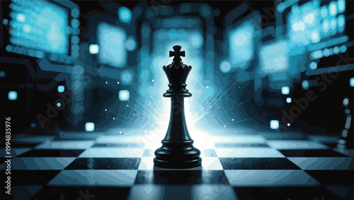Black chess king illuminated by a bright light on a digital chessboard with glowing blue screens.