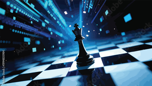 Black chess king on a digital chessboard with futuristic blue light streaks and squares.