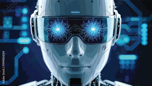 Close up portrait of a robotic face with glowing blue digital circuit eyes and futuristic visor android.