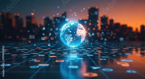 Global digital network connection with data icons and city skyline