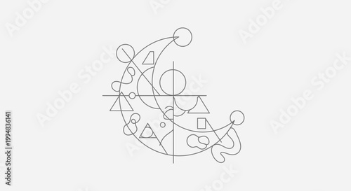 Abstract Geometric Crescent Moon Symbol with Lines and Shapes