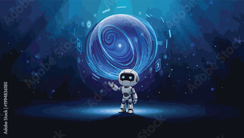 Cute Cartoon Robot Interacting with a Swirling Digital Energy Sphere android artificial intelligence.