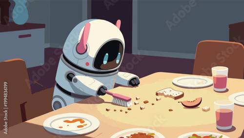 Cute robot cleaning up crumbs from a dinner table with a brush vector illustration.