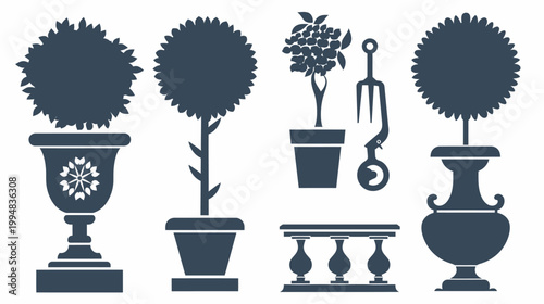 Silhouetted garden art with potted plants, tools, and balustrade on white background