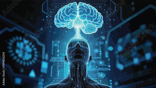 Digital human head with glowing blue brain and circuit board elements in a futuristic environment artificial intelligence.