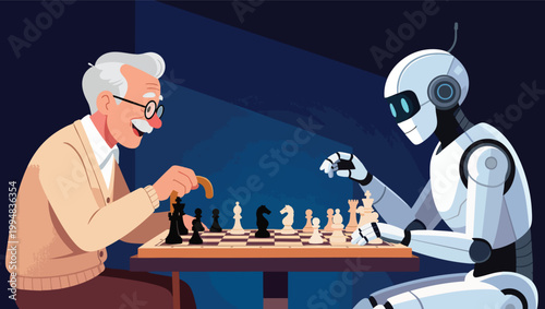 Elderly man playing chess against a friendly robot in a dimly lit room game.