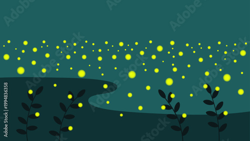 Abstract landscape of fireflies glowing over a night river with plants