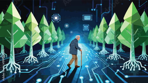 Elderly man walking on a digital circuit board path through a stylized forest vector illustration.