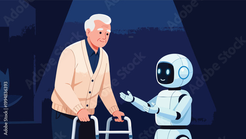 Elderly man with walker interacting with a friendly humanoid robot in a dimly lit room senior.