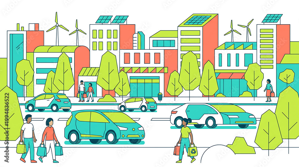 Naklejka premium A vibrant illustration of a sustainable city with electric cars and renewable energy sources